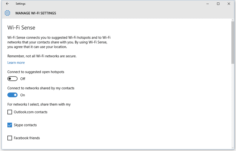 Disable WiFi Sense on Windows 10