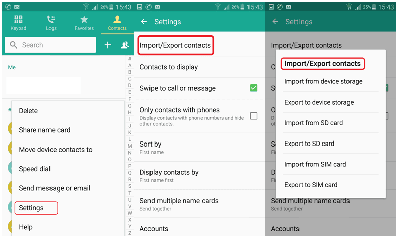 Android import export screen