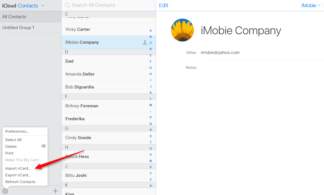 import export iCloud contacts
