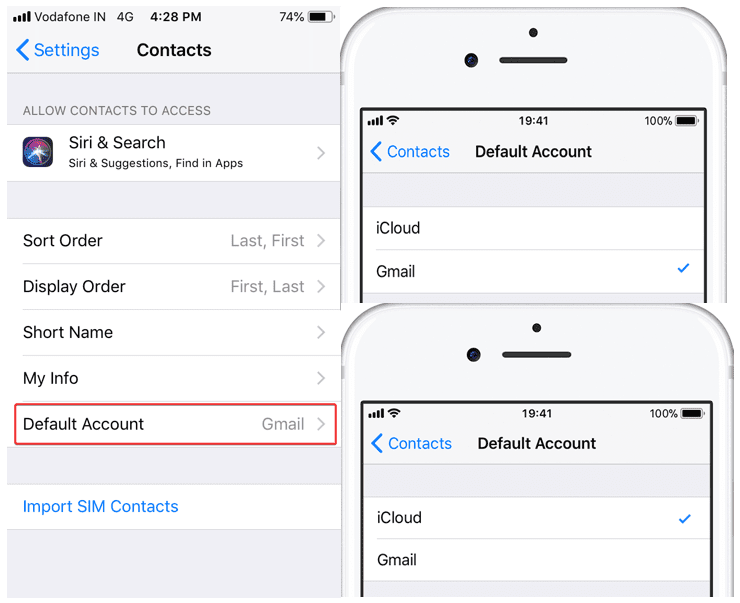 iphone contacts default account