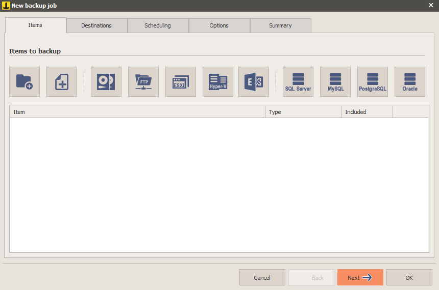 Items page on Iperius Backup