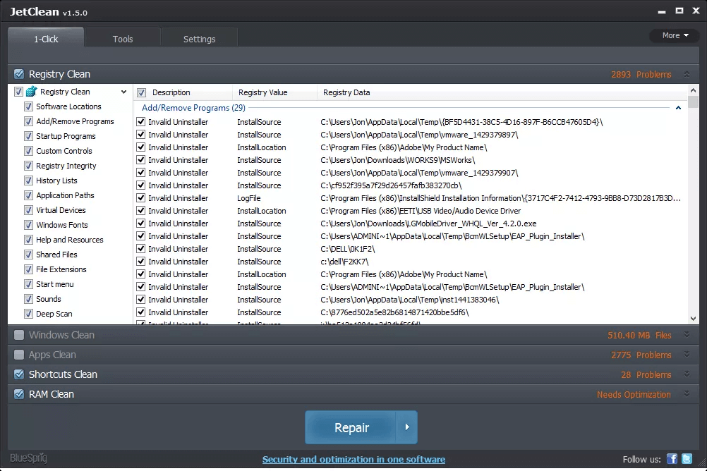 jetclean software to clean registry for Windows