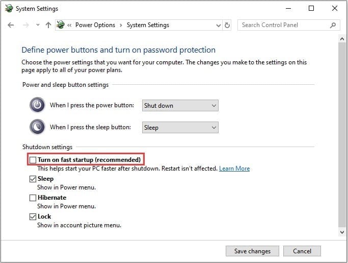 Turn off Fast Startup