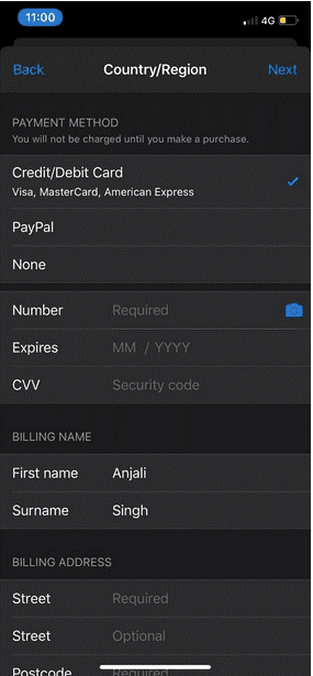 payment info