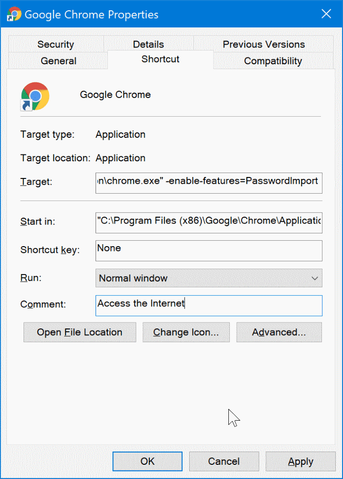 google chrome properties
