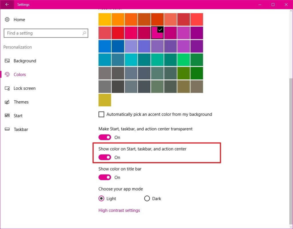 Show color on Start, taskbar, and action center