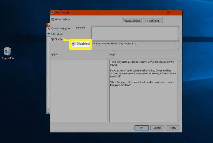 Cortana Disabled