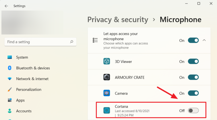 disable Microphone access to Cortana