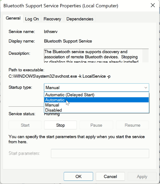 Bluetooth Support Service.