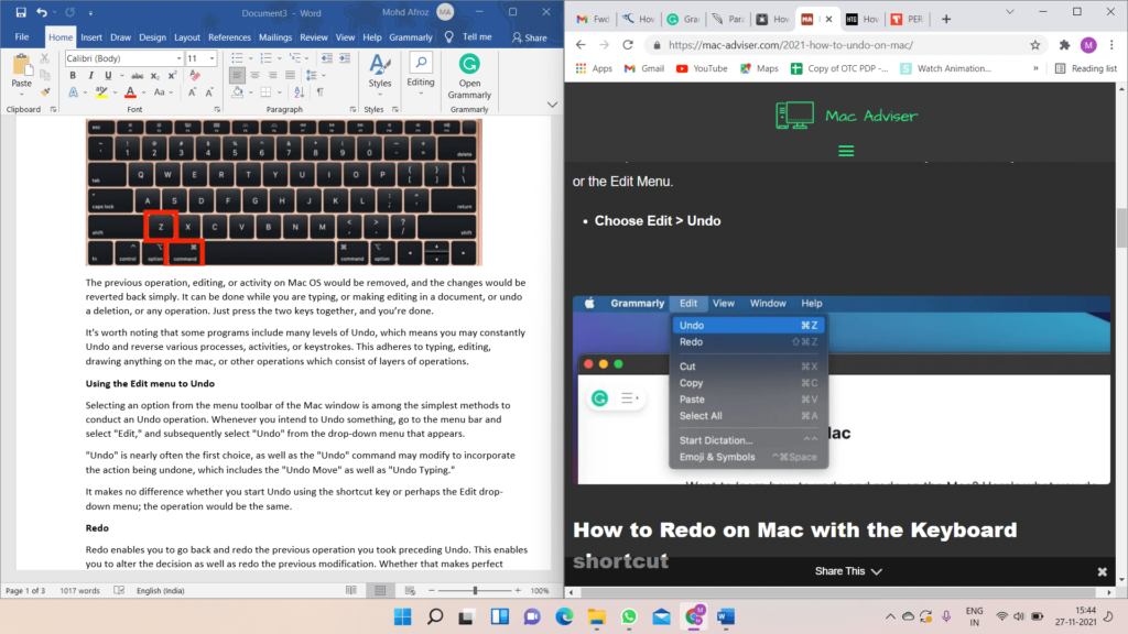 Using the Edit menu to Undo