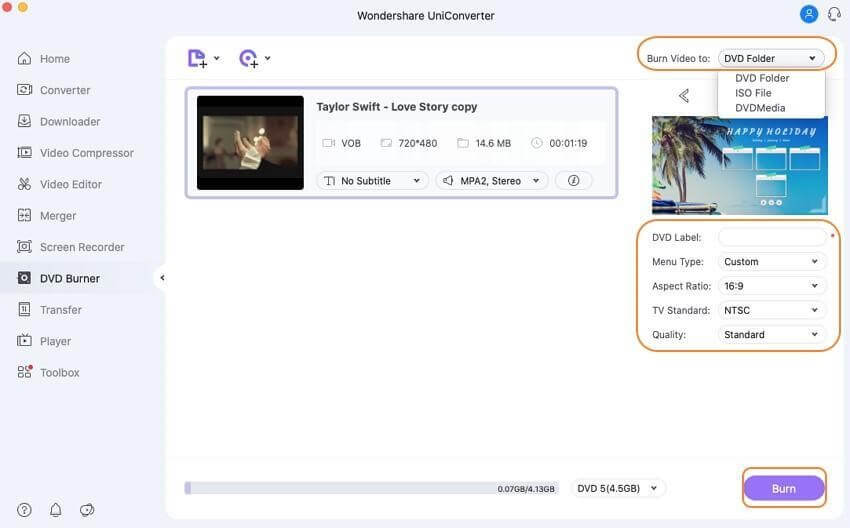 Burn Video tab