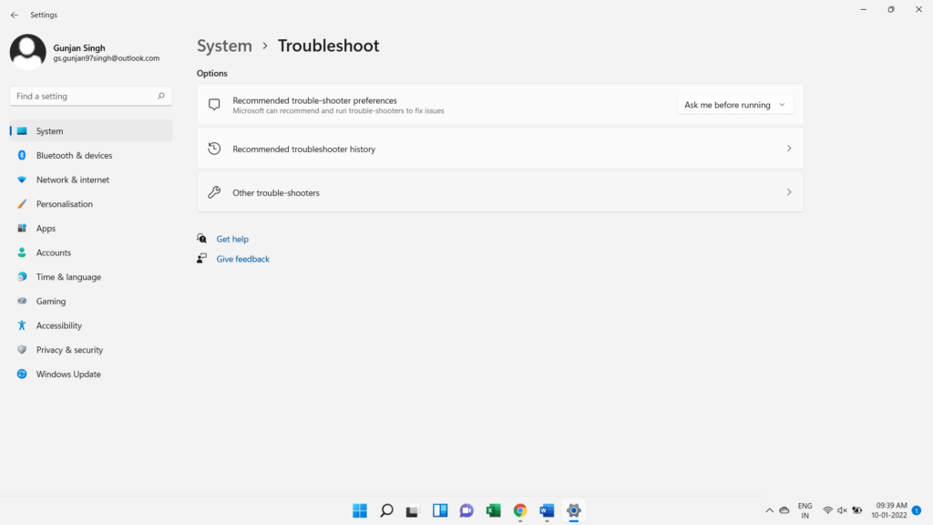 Troubleshoot menu