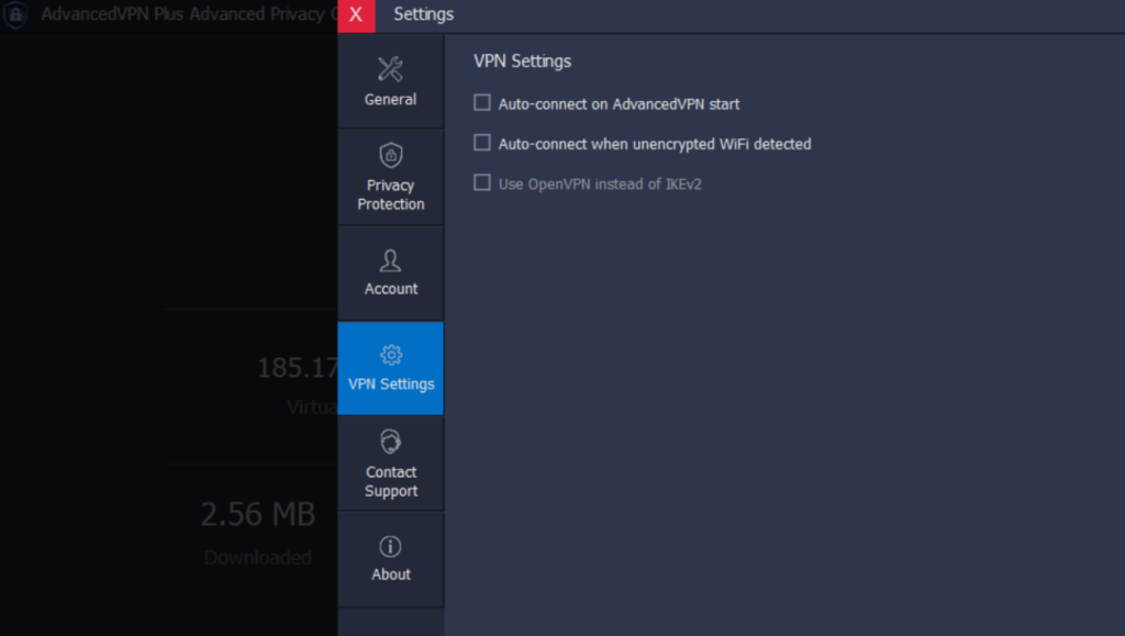 Settings menu