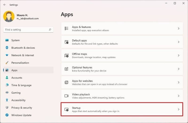 Startup Through Settings