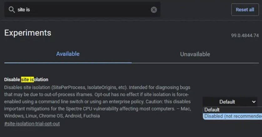 Disable Site Isolation