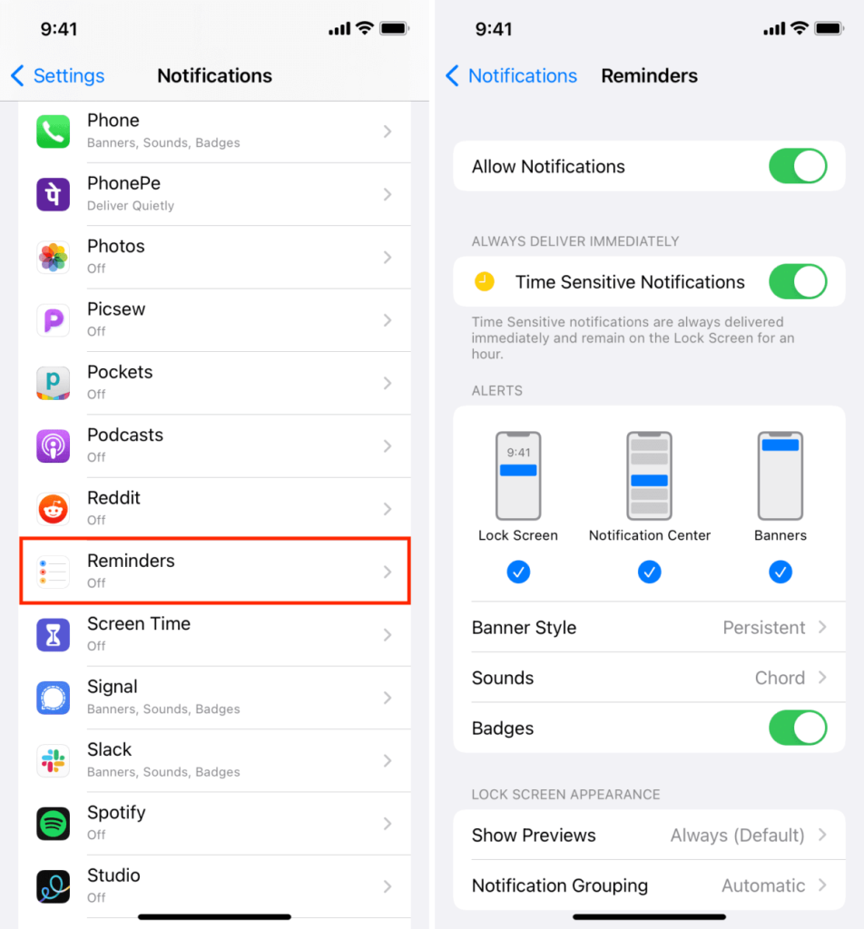 Reminders App Notification Settings