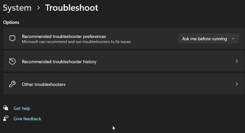 troubleshooters option