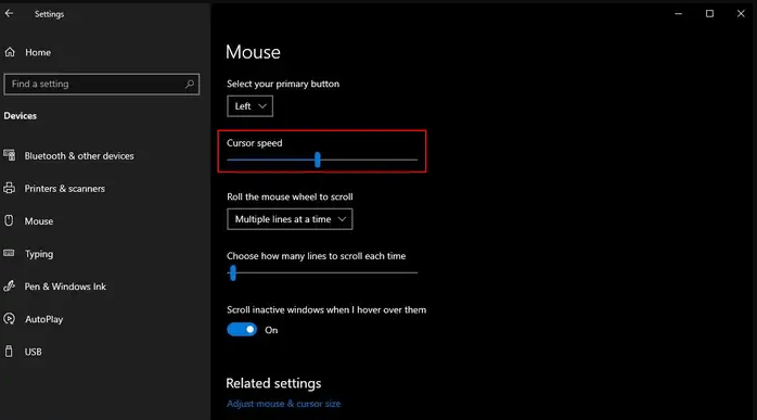 cursor speed option