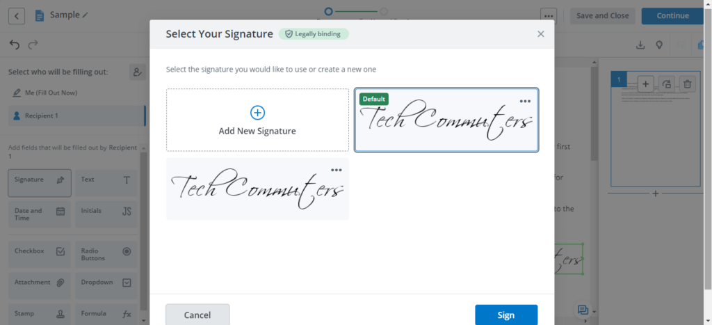 select the signature