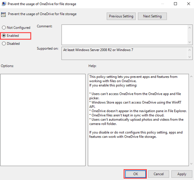 selecting the enabled option