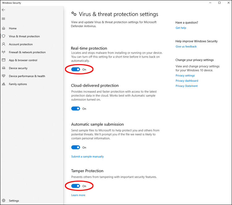 deactivate Real-time Protection and Tamper Protection