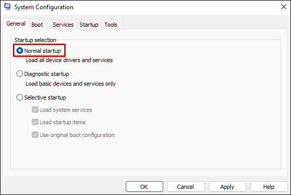 Normal startup option