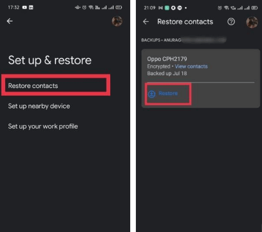 restore contacts