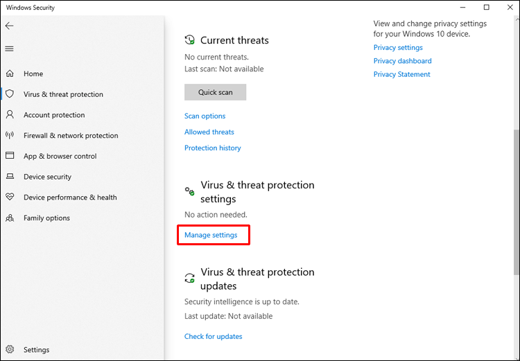 Virus & threat protection settings