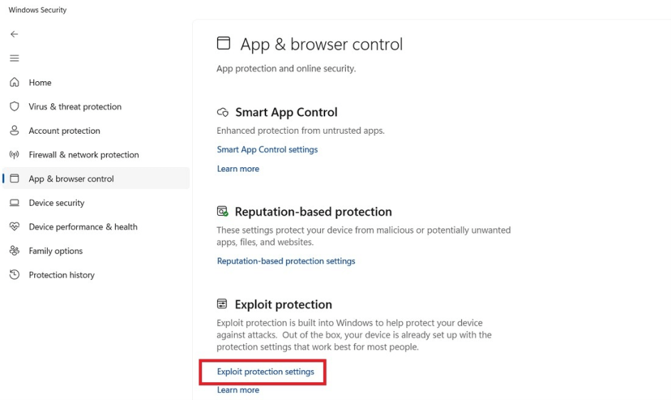 Exploit protection settings