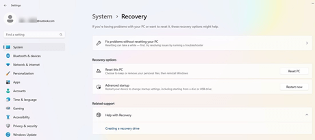 windows reset interface