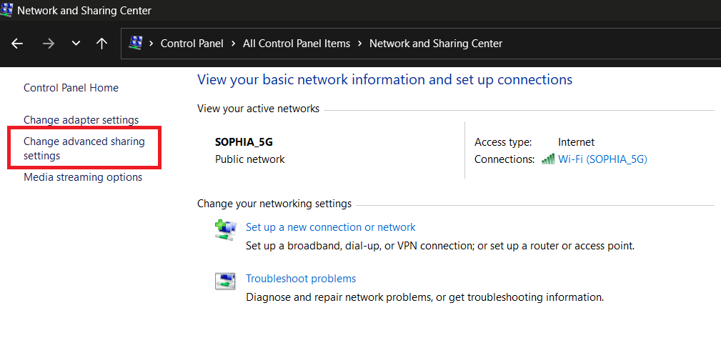 Change Advanced Sharing Settings