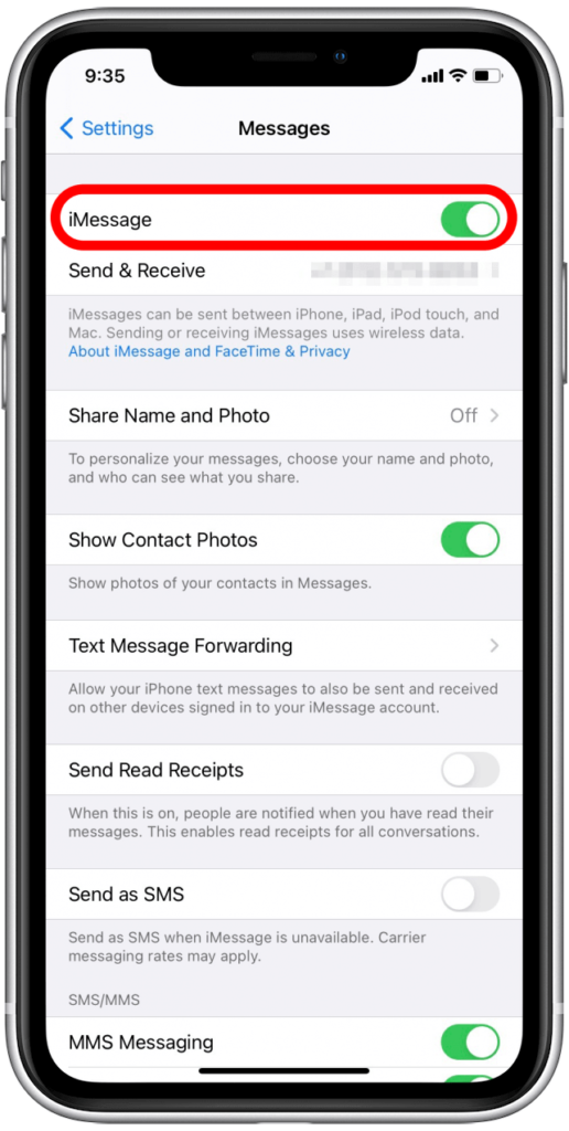 iMessage toggle