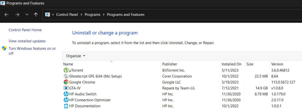 Turn Windows features on or off
