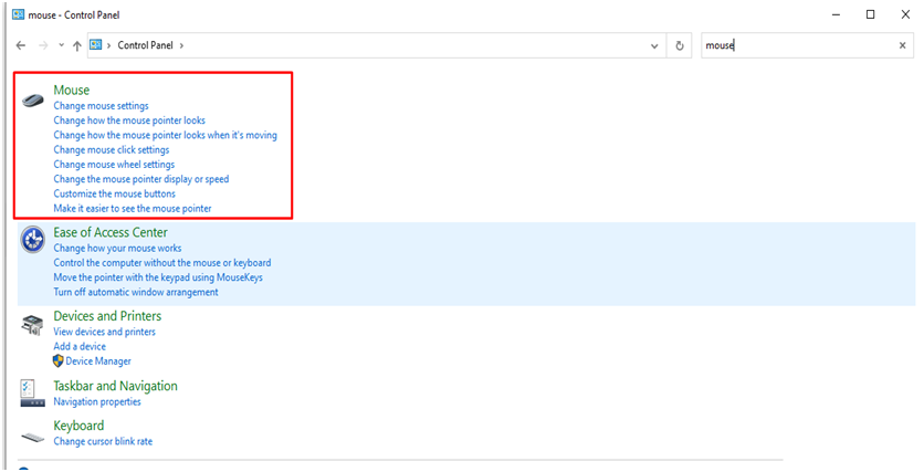 control panel settings for mouse