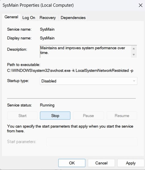 sysmain property window