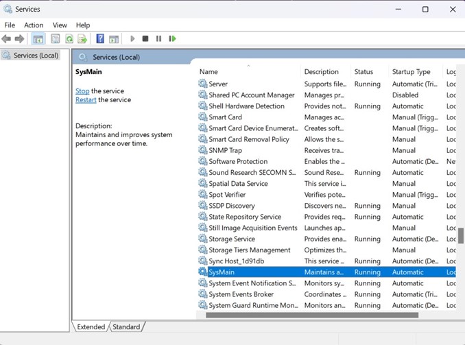 sysmain services page