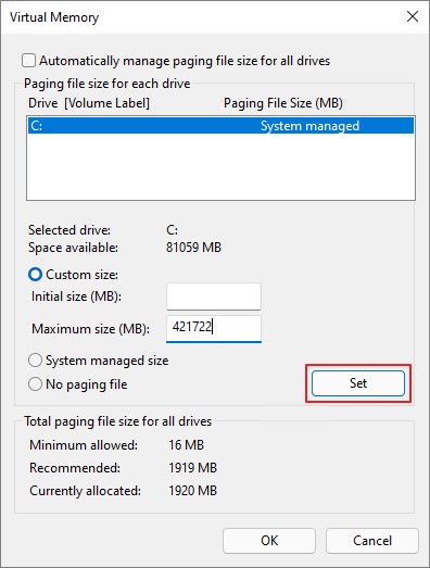 virtual memory Window