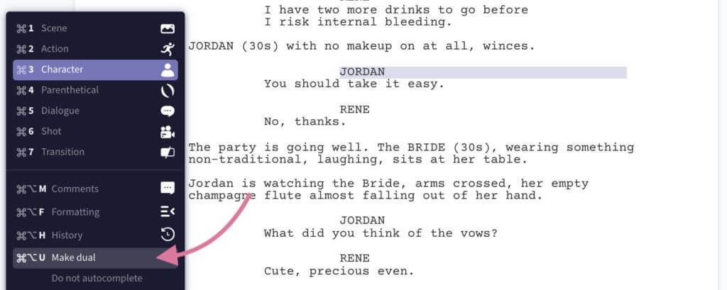 arc studio screenwriting user interface