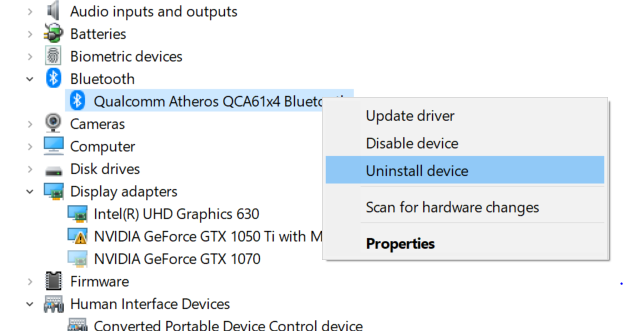 uninstall bluetooth driver
