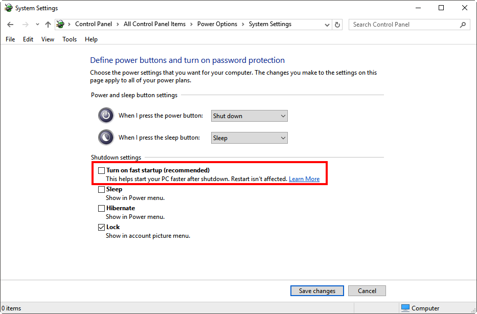 Disable Fast Startup