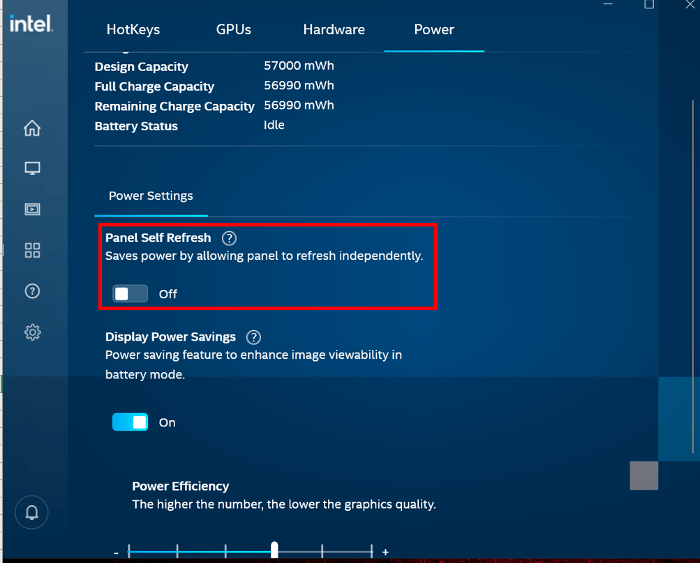 Disable Panel Self Refresh in Intel Graphics Command Center