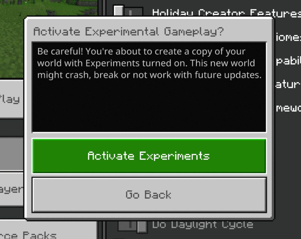 enable experimental gameplay on minecraft