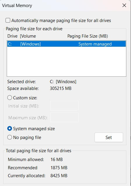 adjust virtual memory in windows