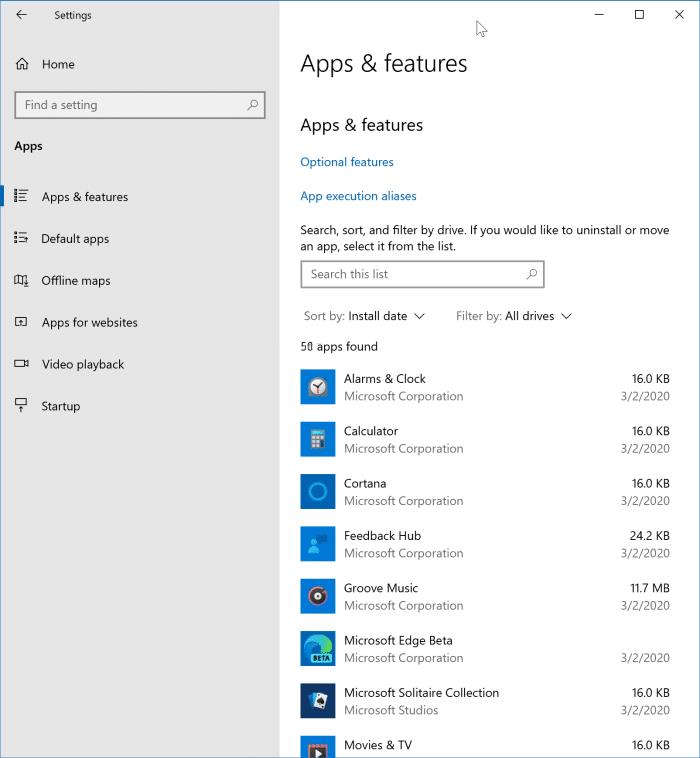 apps option in windows