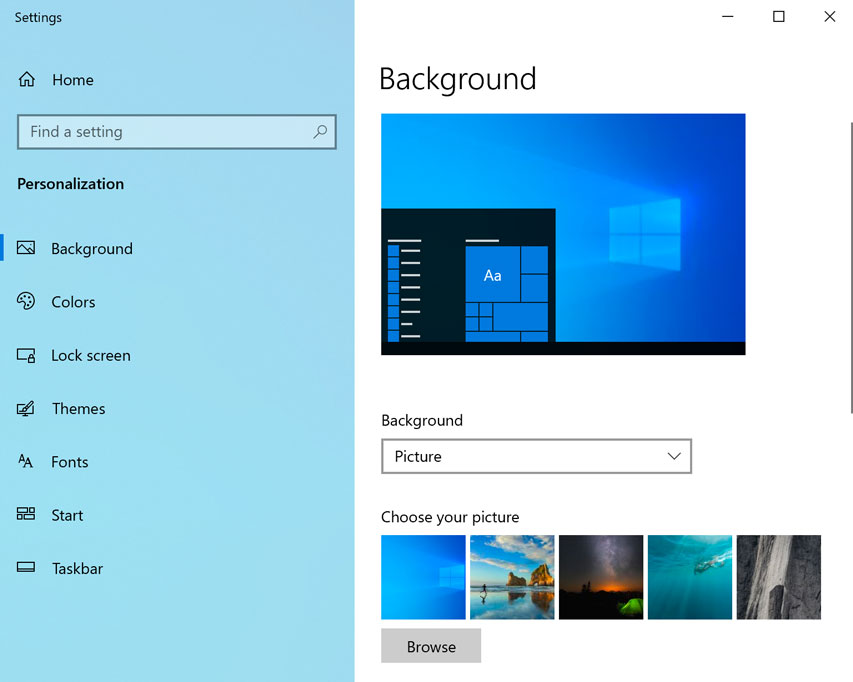 background option in windows