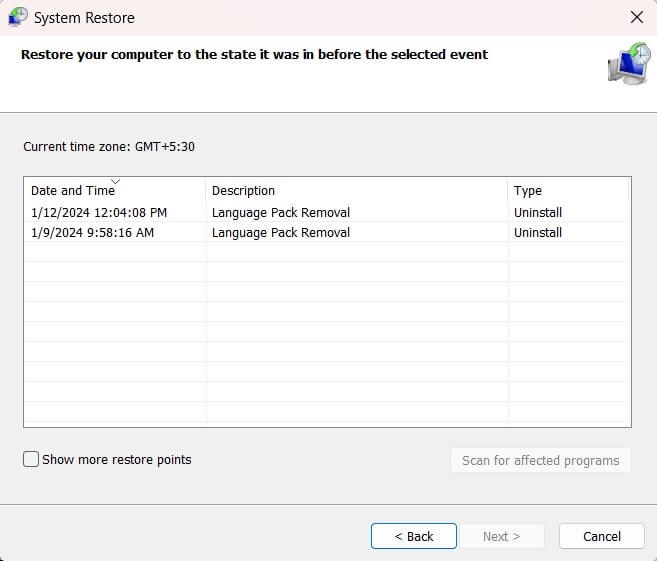choose a restore point on windows