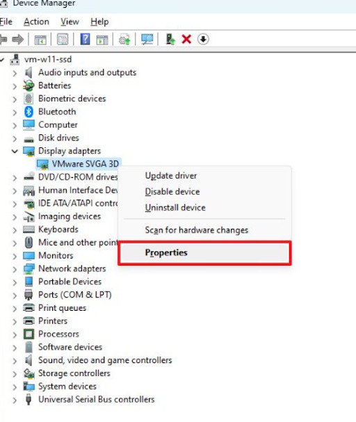 clicking on properties