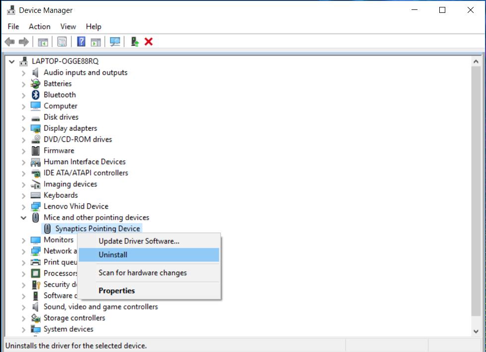 clicking on uninstall
