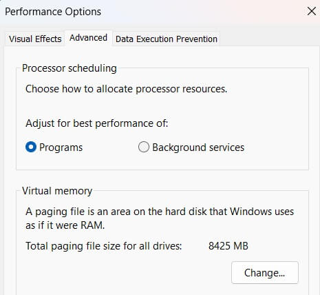 performance options window in windows