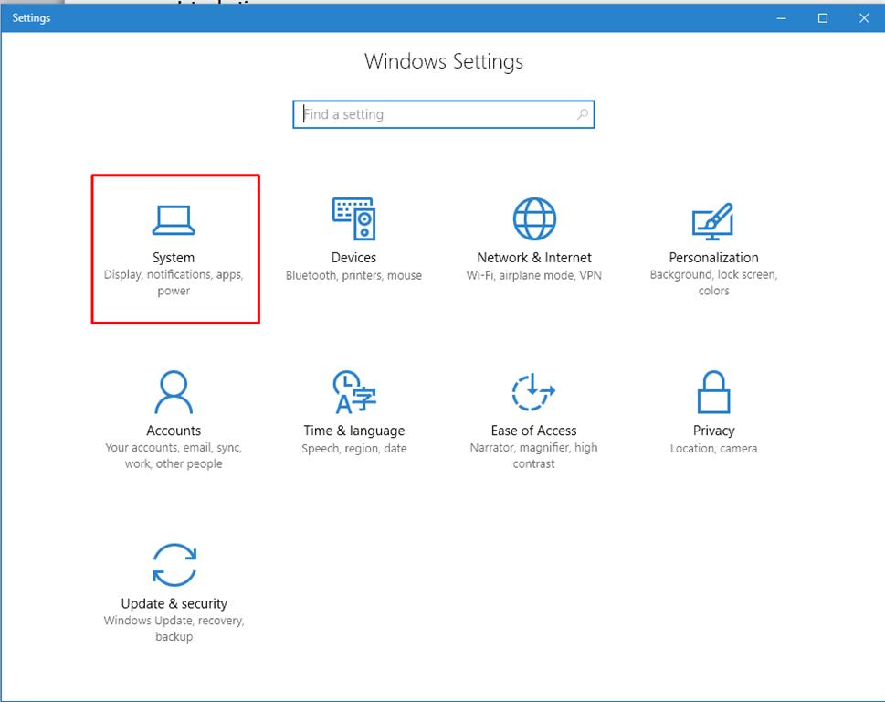 system option in windows settings